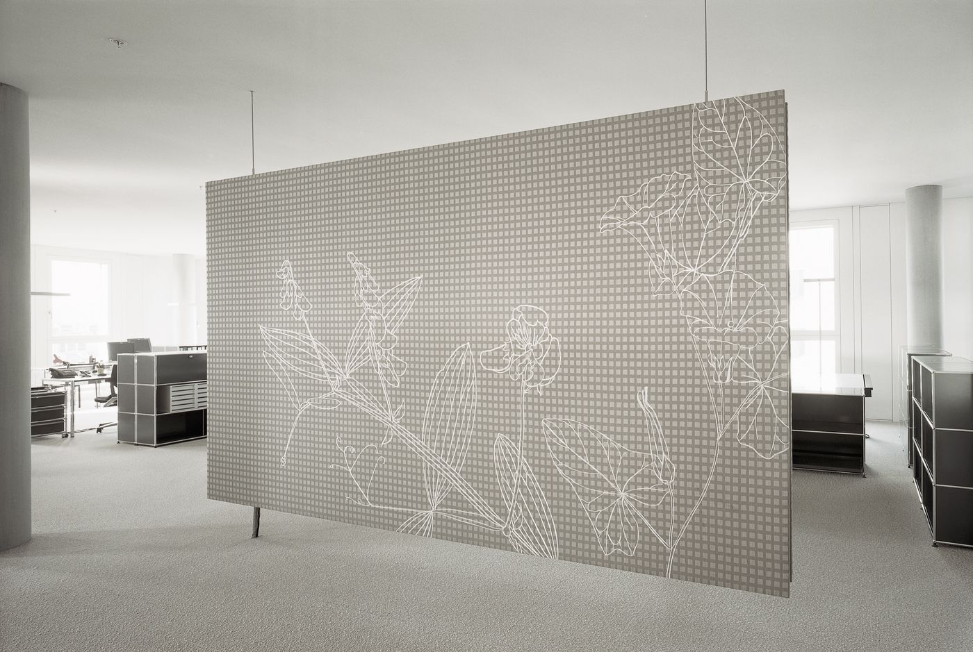 acoustic panel embroidered designed by Annette Douglas for Jacob Burckhardt House Basel