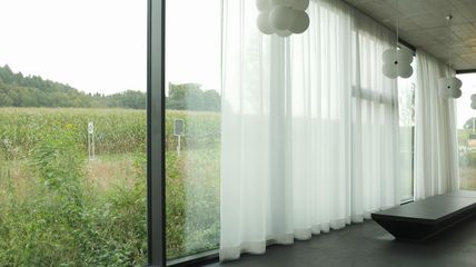 translucent transparent acoustic curtain STREAMER classic lobby, eventroom project Sportcenter Eselriet Effretikon 