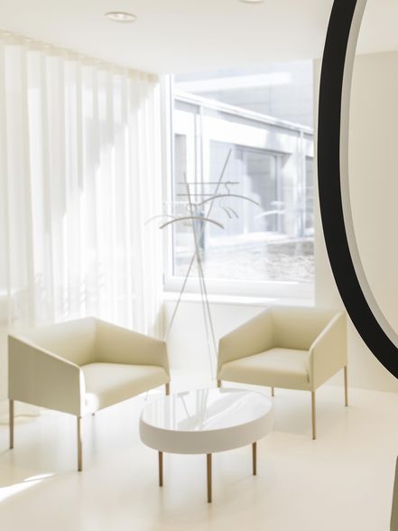 translucent transparent acoustic curtain WHISPER classic Hirslanden Clinic waiting area by Dost architecture